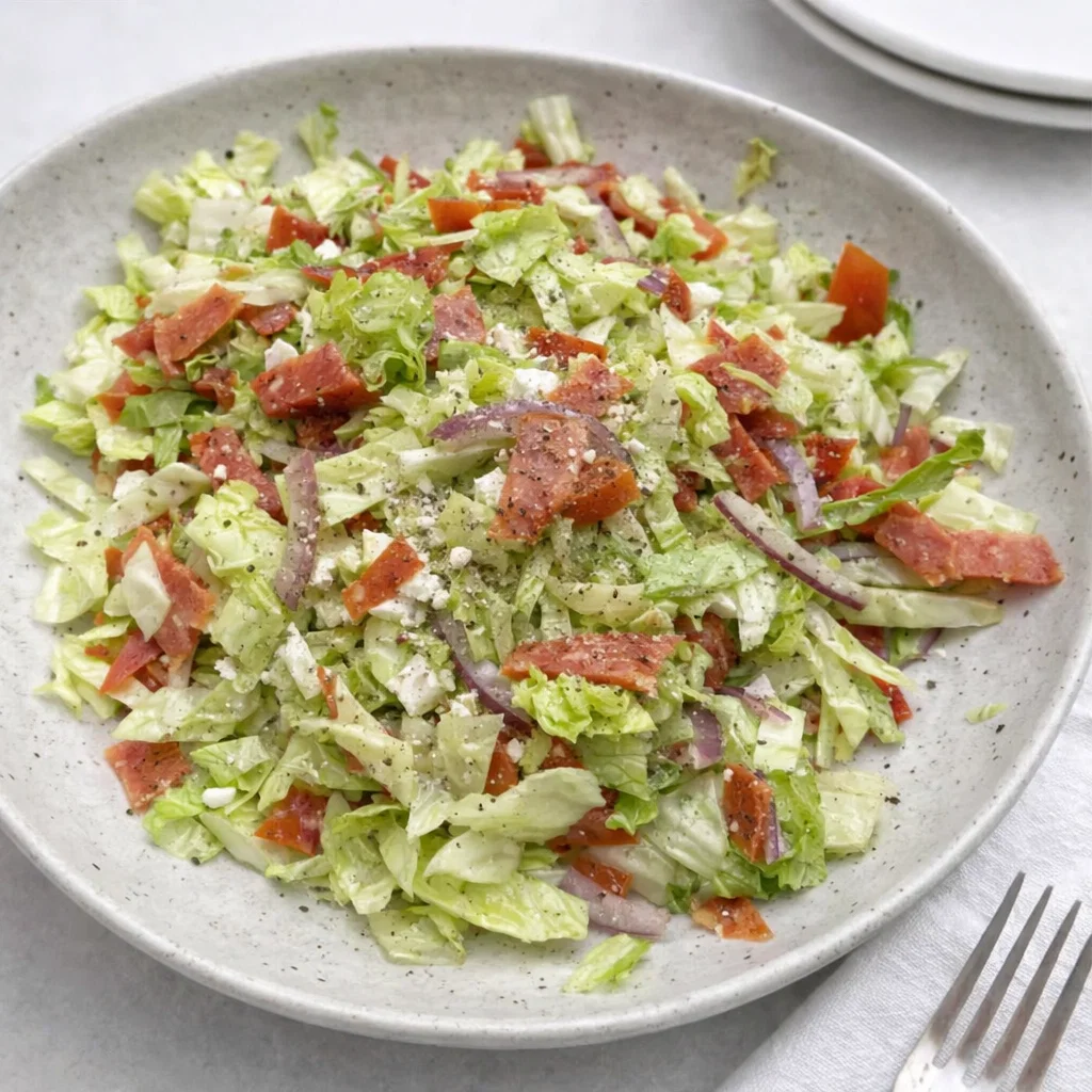 High Protein Italian Grinder Salad in a wooden bowl on a marble counter