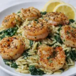A bowl of Lemon Garlic Shrimp with Spinach Orzo garnished with parsley