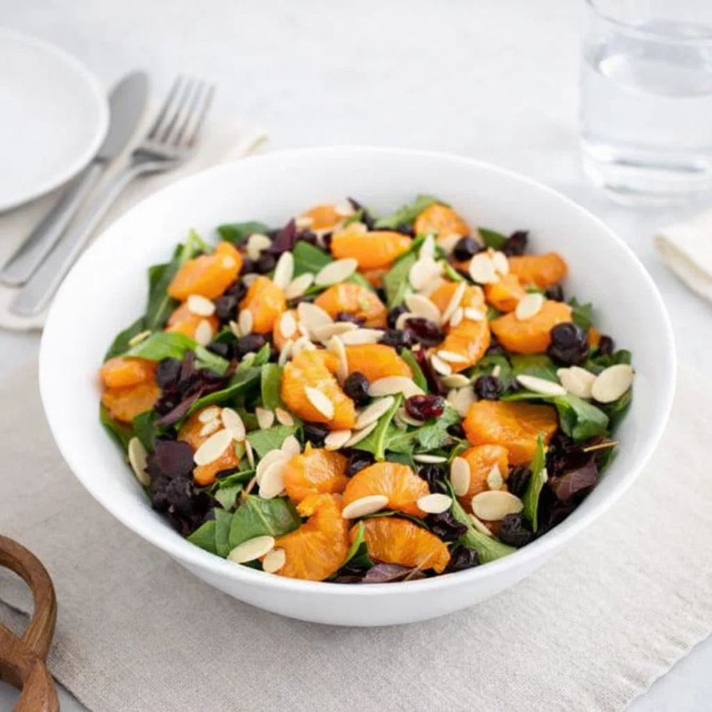 Fresh Mandarin Orange Salad in a white bowl with almonds and cranberries.