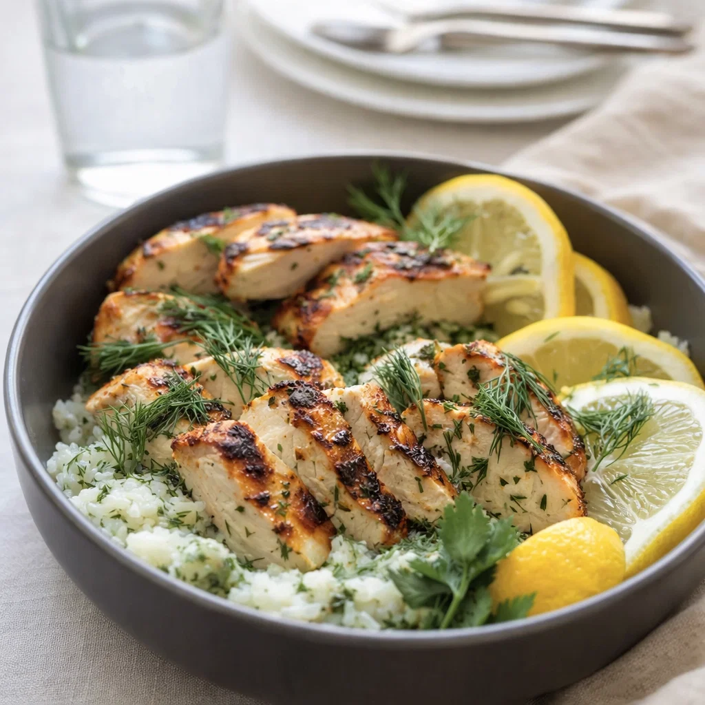 A vibrant Mediterranean-Inspired Lemon-Dill Chicken Bowl with quinoa and feta.