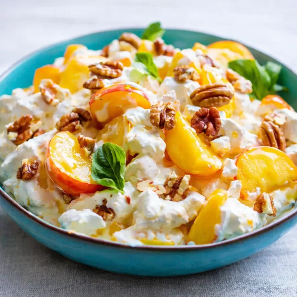 A large bowl of fluffy Millionaire Peach Salad with peaches and cherries.