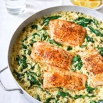 One Skillet Salmon with Lemon Orzo in a cast iron pan