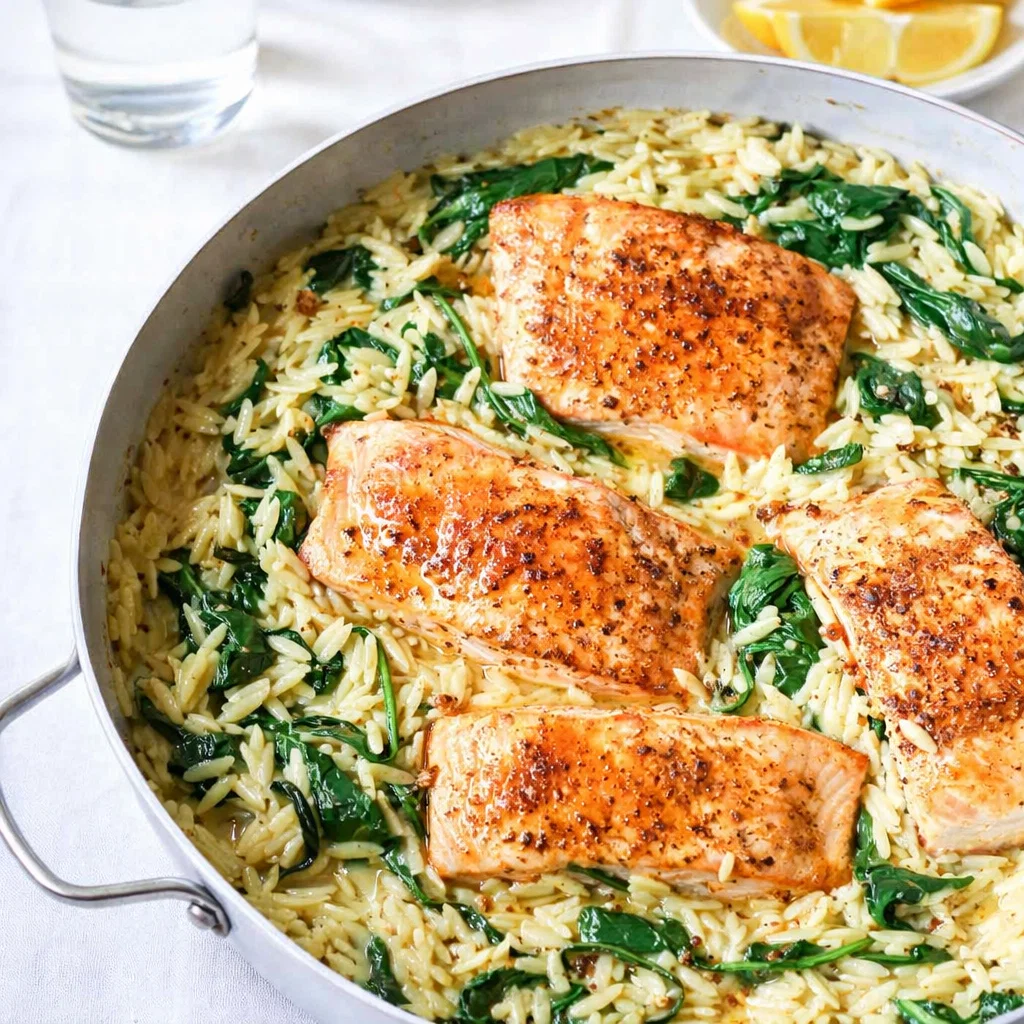 One Skillet Salmon with Lemon Orzo in a cast iron pan
