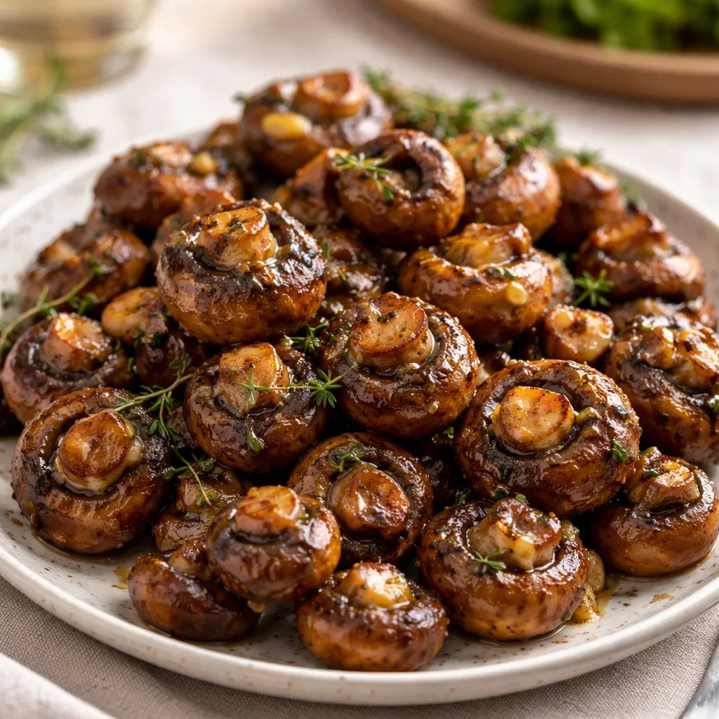A bowl of glossy Roasted Balsamic Soy Garlic Mushrooms garnished with thyme