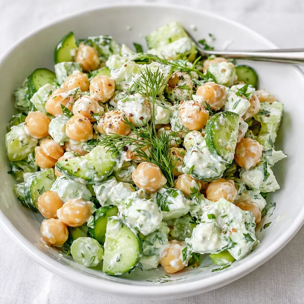 Fresh Tzatziki Chickpea Salad in a bowl with tomatoes and herbs