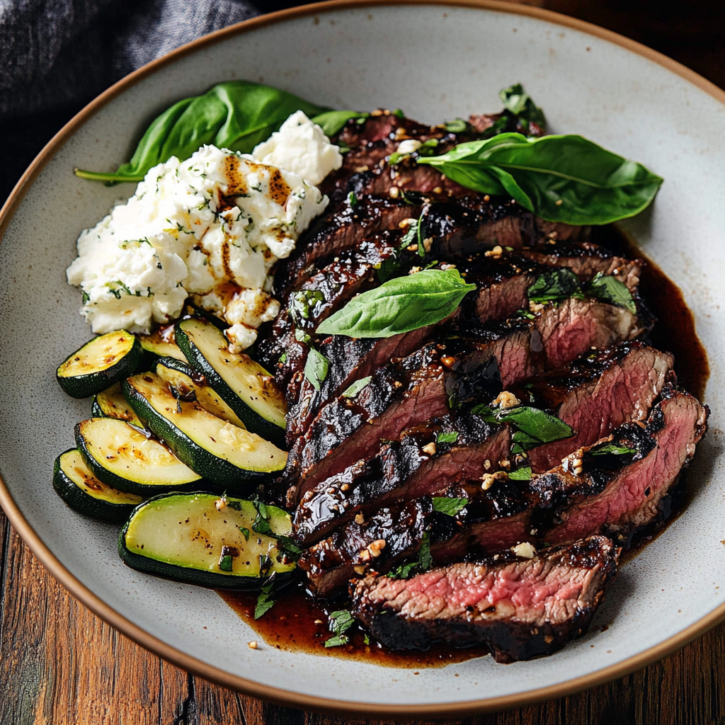 Balsamic Flank Steak with Zucchini and Whipped Feta