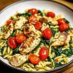 Creamy Chicken Orzo With Spinach, Cherry Tomatoes, And Basil Pesto