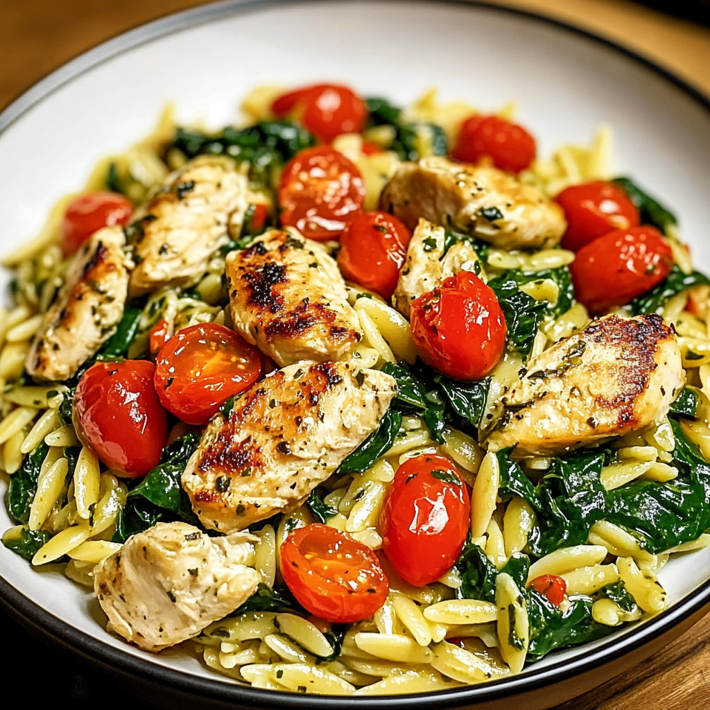 Creamy Chicken Orzo With Spinach, Cherry Tomatoes, And Basil Pesto