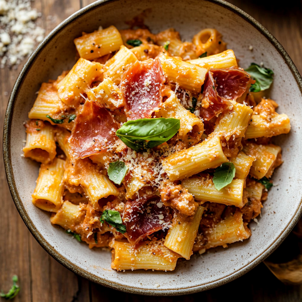 Creamy Roasted Tomato Ricotta Pasta with Crispy Prosciutto