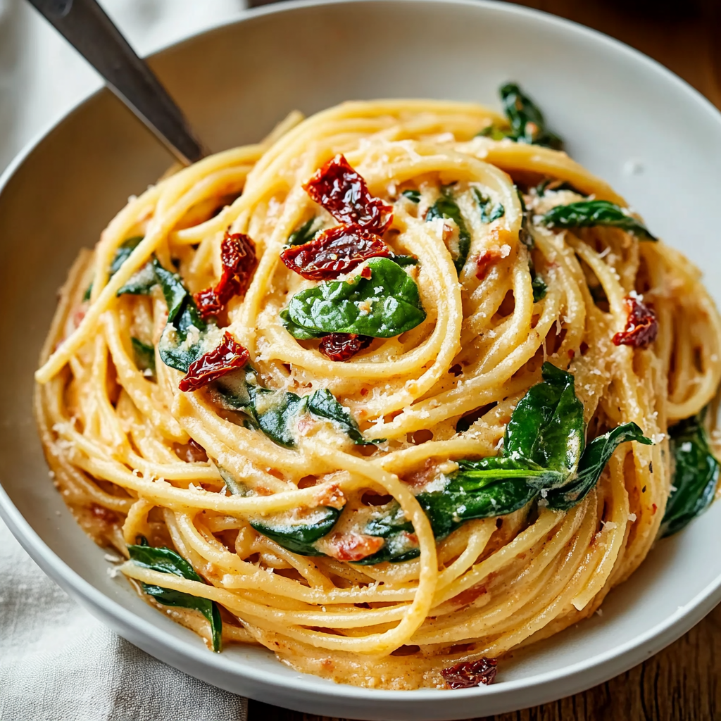 Spaghetti and Spinach with Sun-Dried Tomato Cream Sauce