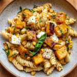 Spicy Brown Butter Goat Cheese Pasta with Sweet Corn & Honey Roasted Butternut Squash