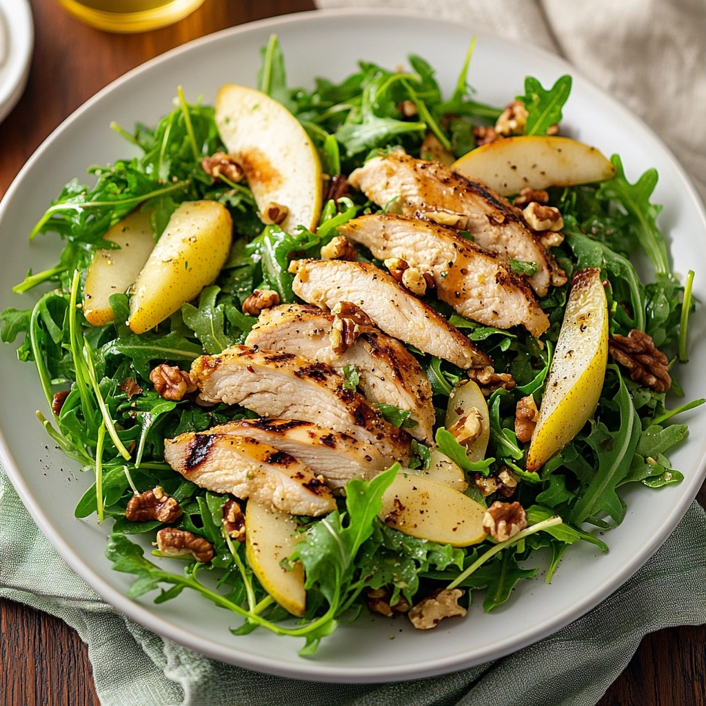 Grilled Chicken Arugula Salad with Pears and Walnuts