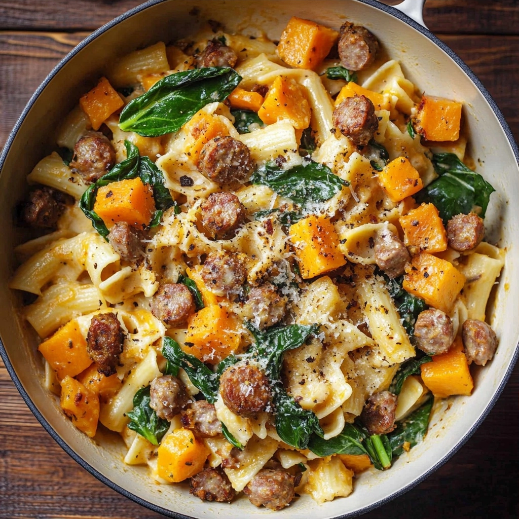 Creamy Roasted Butternut Squash Pasta with Sausage and Spinach