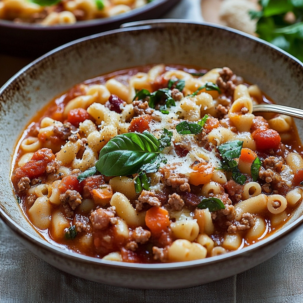 Pasta e Fagioli with Ground Beef and Fresh Basil