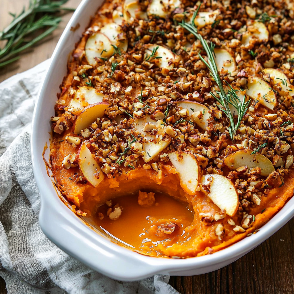 Vegan Sweet Potato Casserole with Apples &amp; Crunchy Rosemary Walnuts